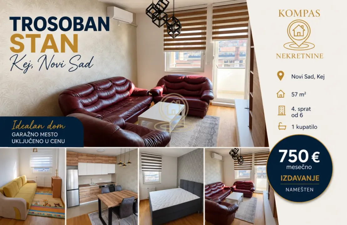 Izdavanje, trosoban stan, 57m², Kej, Novi Sad Sve Podlokacije