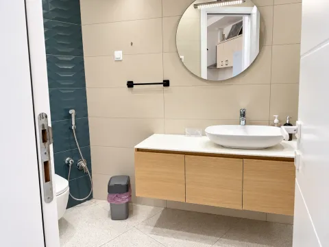 Modern bathroom equipped with a washbasin, mirror, and toilet. - image 13