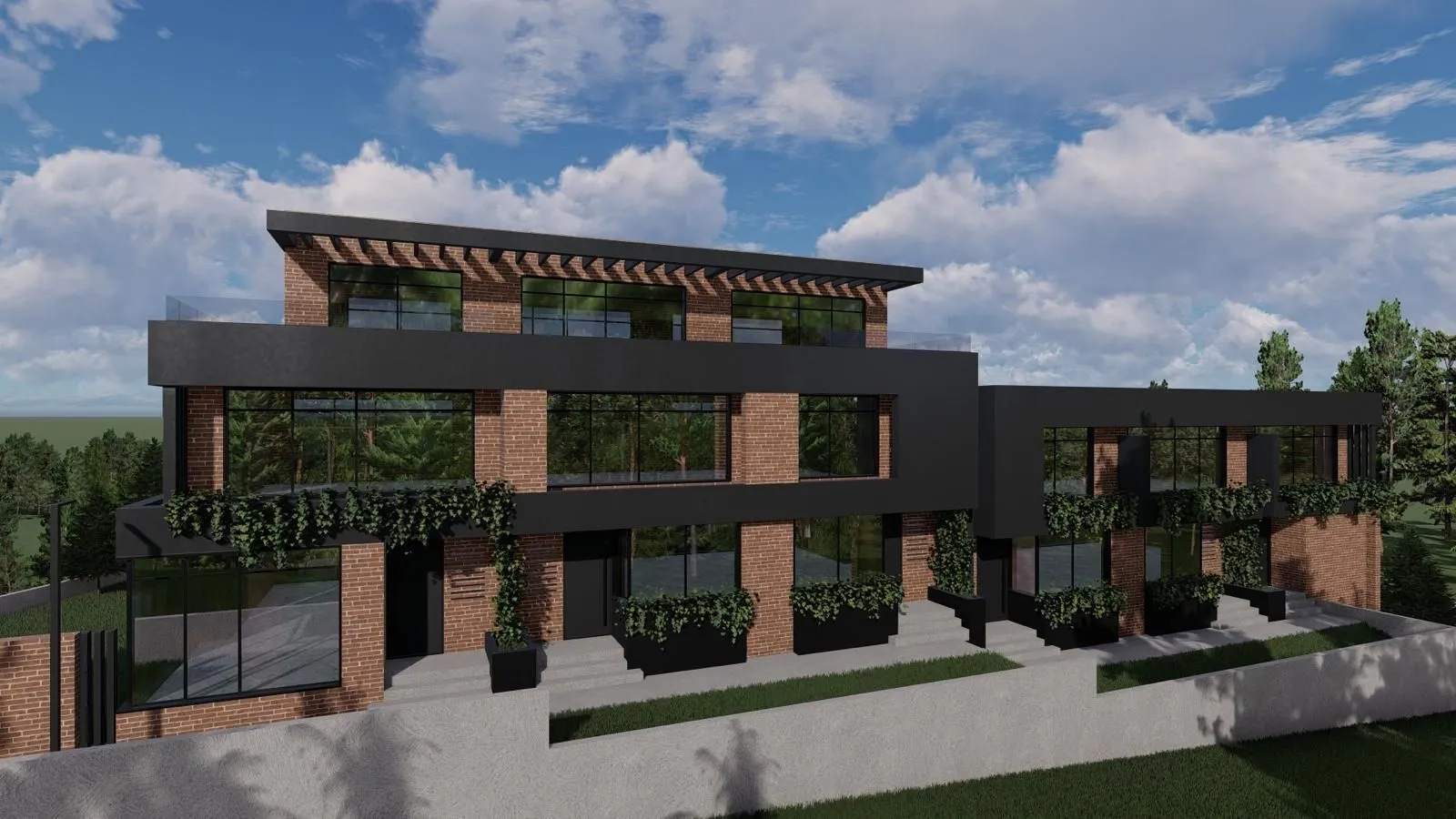 Spoljašnji izgled moderne stambene zgrade sa ciglom i crnim detaljima.
