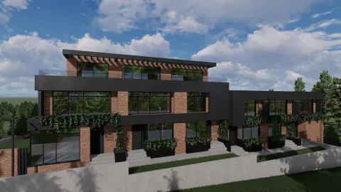 Spoljašnji izgled moderne stambene zgrade sa ciglom i crnim detaljima. - image 4