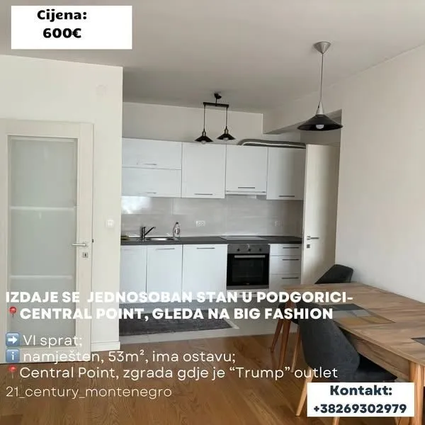 Izdavanje, jednosoban stan, 53m², Central Point, Podgorica