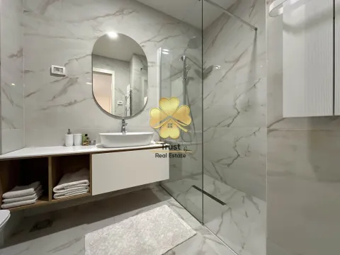 Modern bathroom with a sink, mirror, and walk-in shower. - image 10