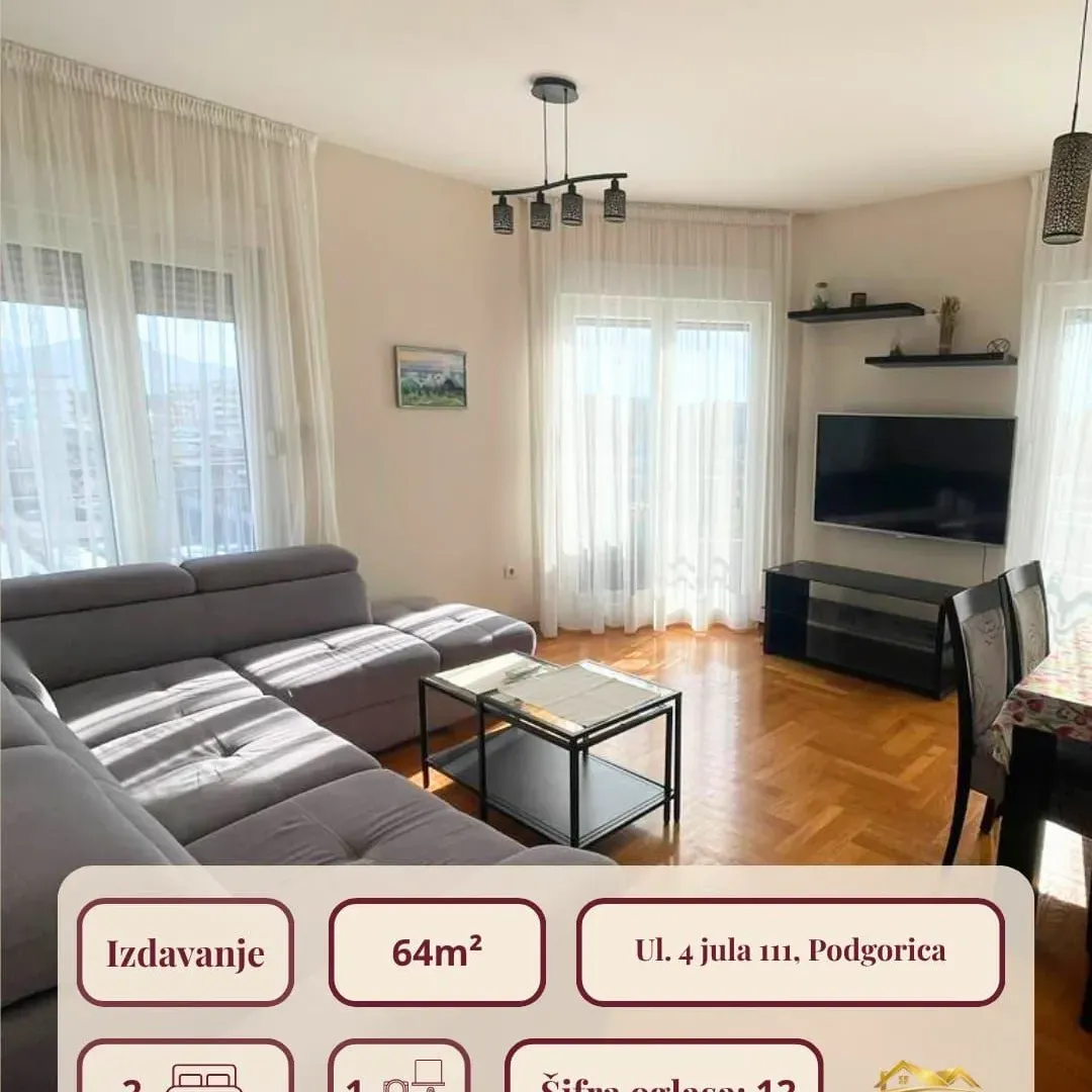 Izdavanje, dvosoban stan, 64m², Zabjelo, Podgorica