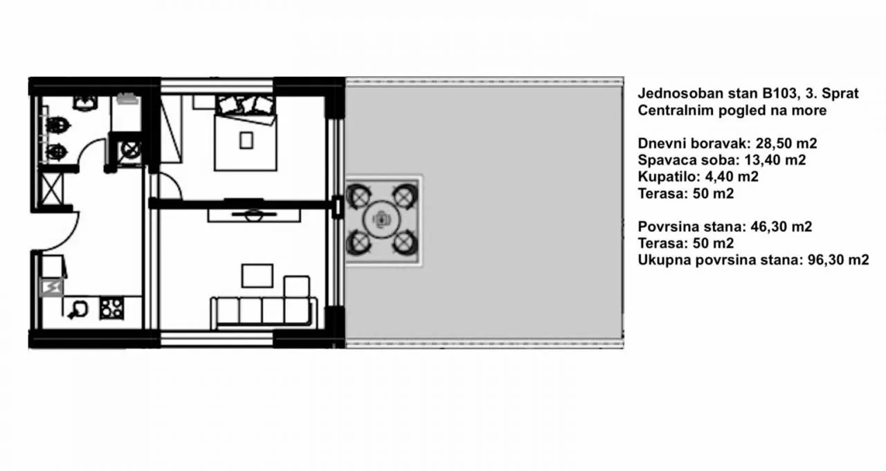 Sale, one bedroom apartment, 96m², Budva, Crna Gora