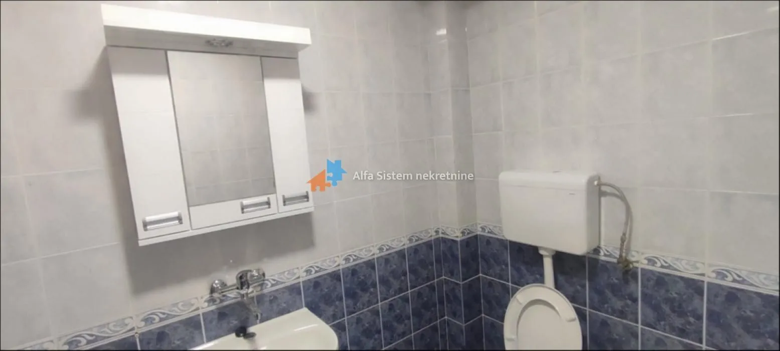 Bathroom equipped with a sink, mirror, and toilet.
