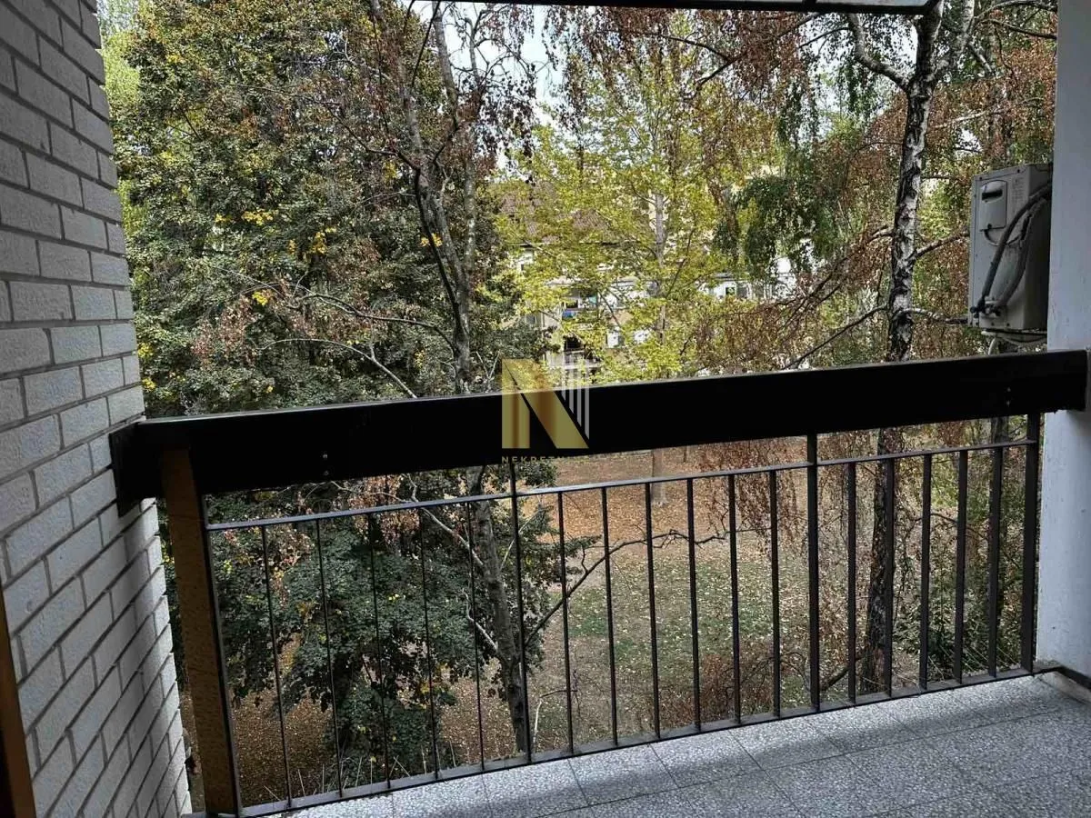 Pogled sa terase na dvorište puno zelenila.