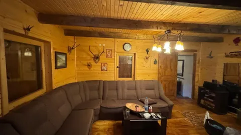 Dnevna soba sa drvenim oblogama na zidovima i plafonu, ugaonom garniturom i stočićem. - image 10