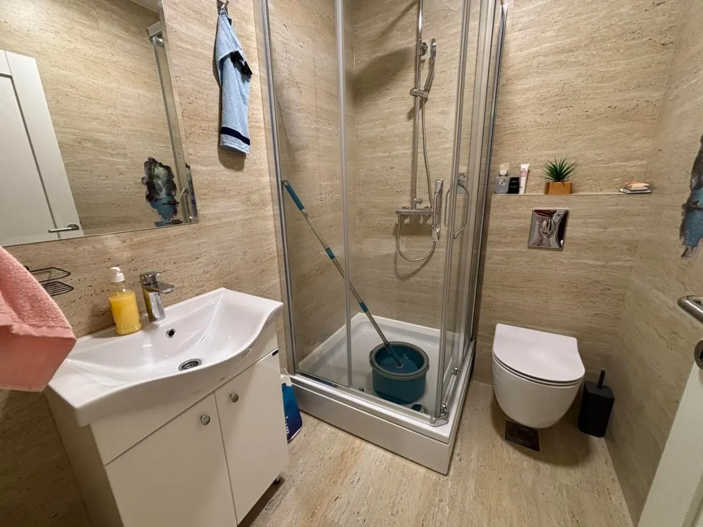 Bathroom equipped with a washbasin, a shower cabin, and a toilet.