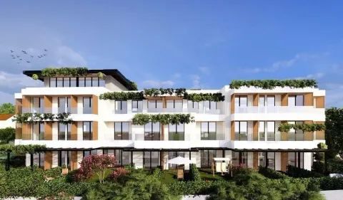 Pogled na eksterijer moderne stambene zgrade sa uređenim dvorištem i zelenilom. - image 2