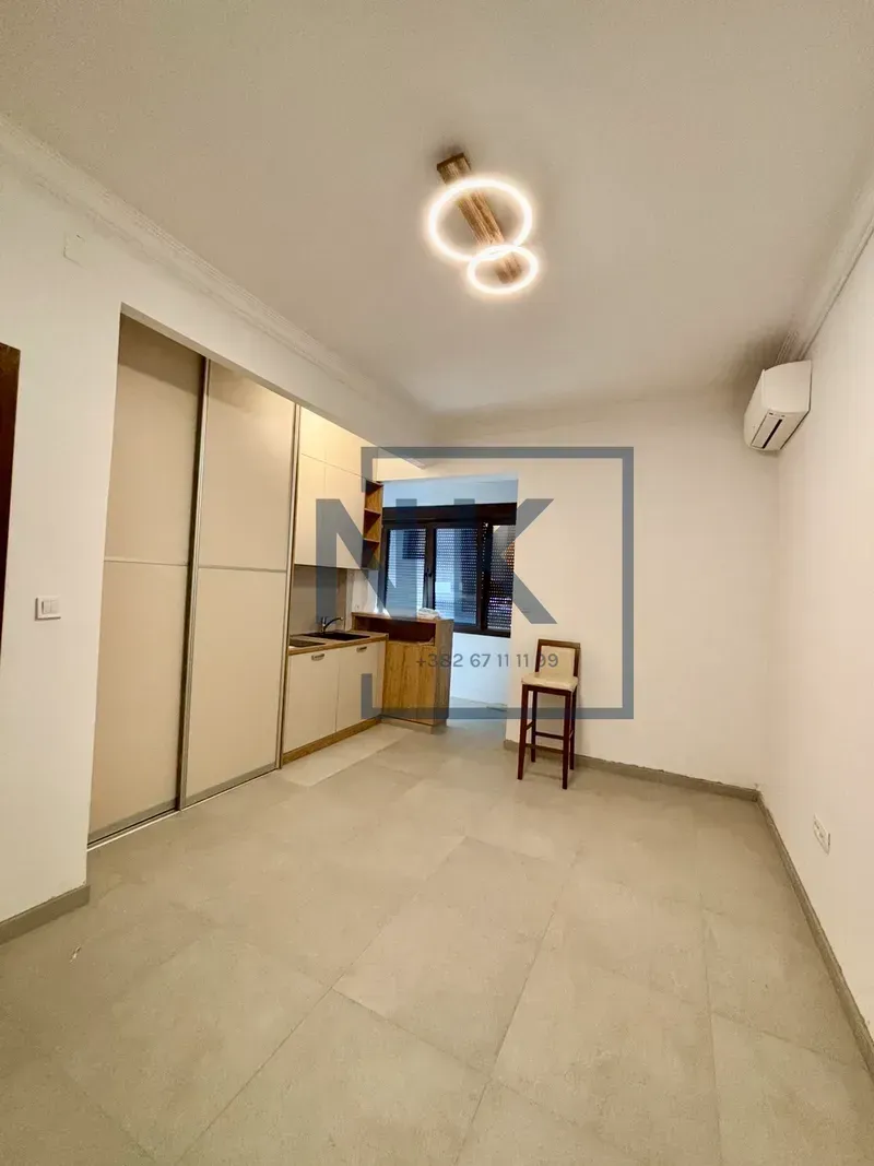 Small kitchen with built-in closets and a bar counter in bright tones.
