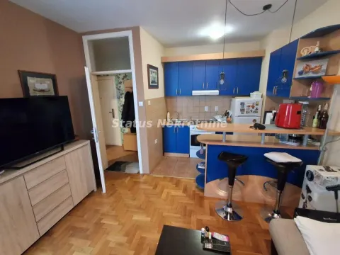 Dnevni boravak sa trpezarijskim delom i otvorenom kuhinjom sa plavim elementima. - image 3