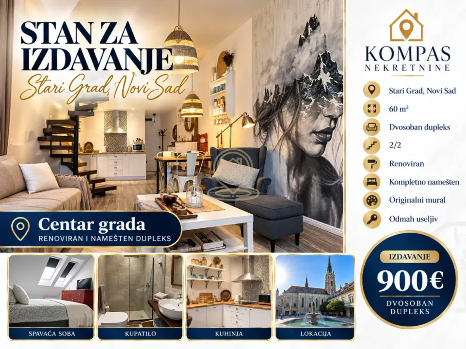 Rent, two bedroom apartment, 60m², Centar, Novi Sad