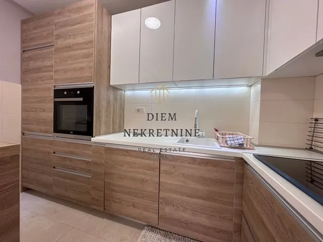 Modern kitchen with wooden cabinetry and built-in appliances.