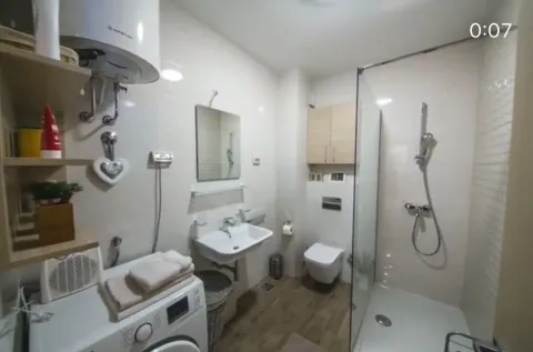 Compact bathroom with a walk-in shower, washbasin, toilet, and washing machine. - image 5