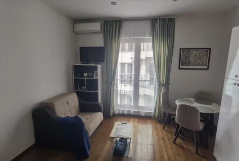 Living room with a sofa, small table, and dining area. - image 2