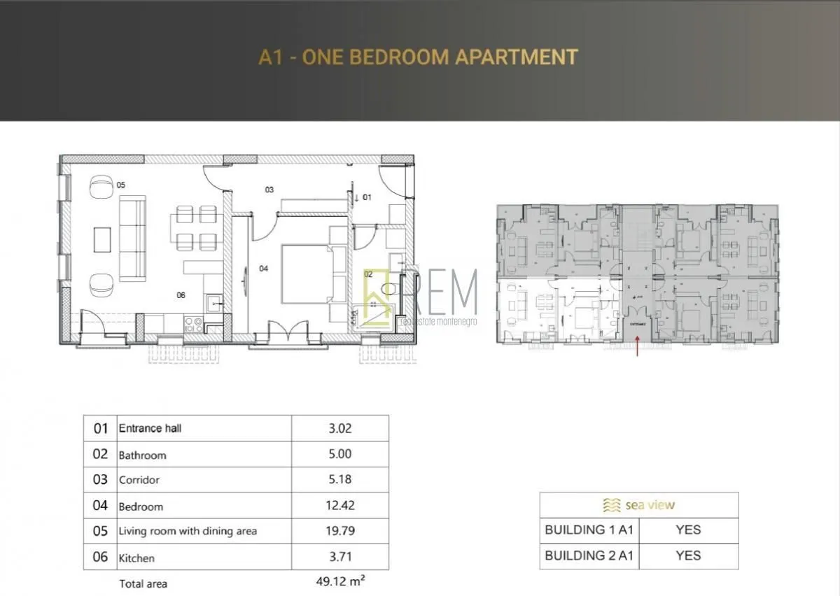 Prodaja, jednosoban stan, 49m², Risan, Kotor