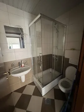 A simple bathroom with a shower cabin, sink, and toilet. - image 3