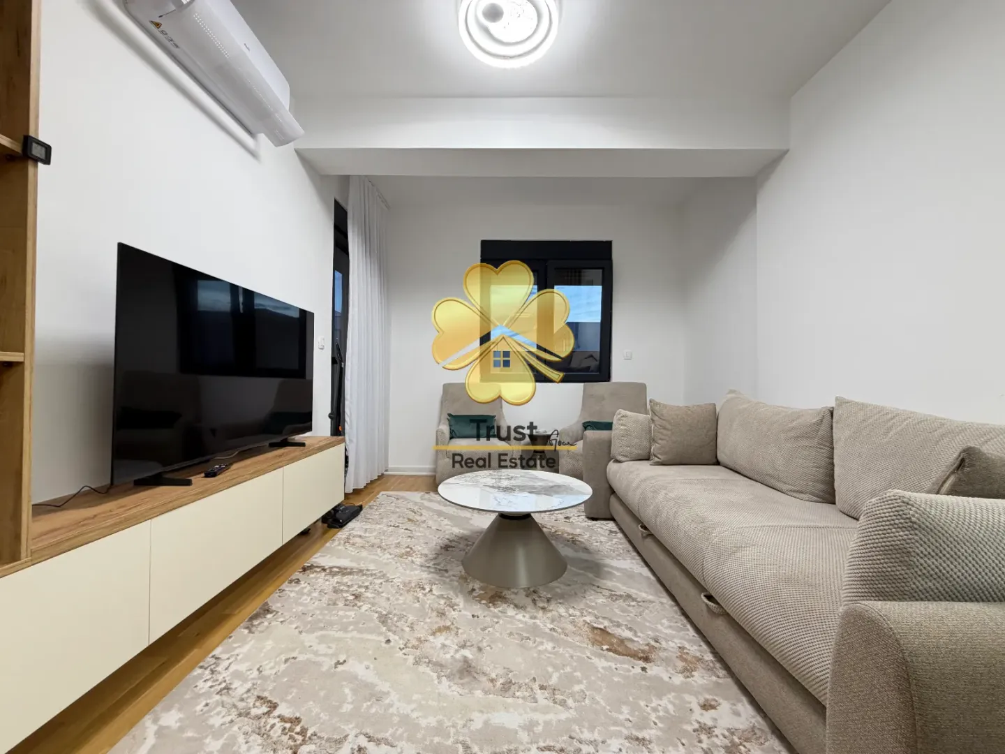 Modern and bright living room with a sofa and television.