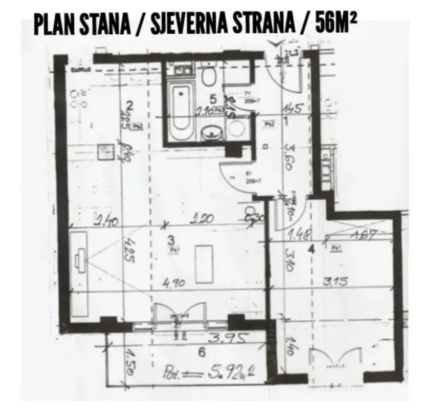 Osnova stana sa rasporedom prostorija i dimenzijama.