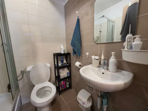Manje kupatilo opremljeno umivaonikom, WC šoljom, tuš kabinom i policama za odlaganje. - image 15