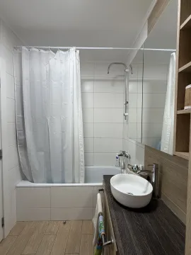 Manje kupatilo sa tuš kadom, umivaonikom i ogledalom. - image 12