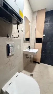 Modernly equipped bathroom with a washbasin and toilet. - image 11