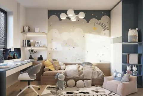 Children's bedroom with a bed, desk, and cloud-patterned wallpaper. - image 4