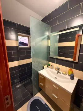 Modernly equipped bathroom with a walk-in shower and vanity with a sink. - image 9
