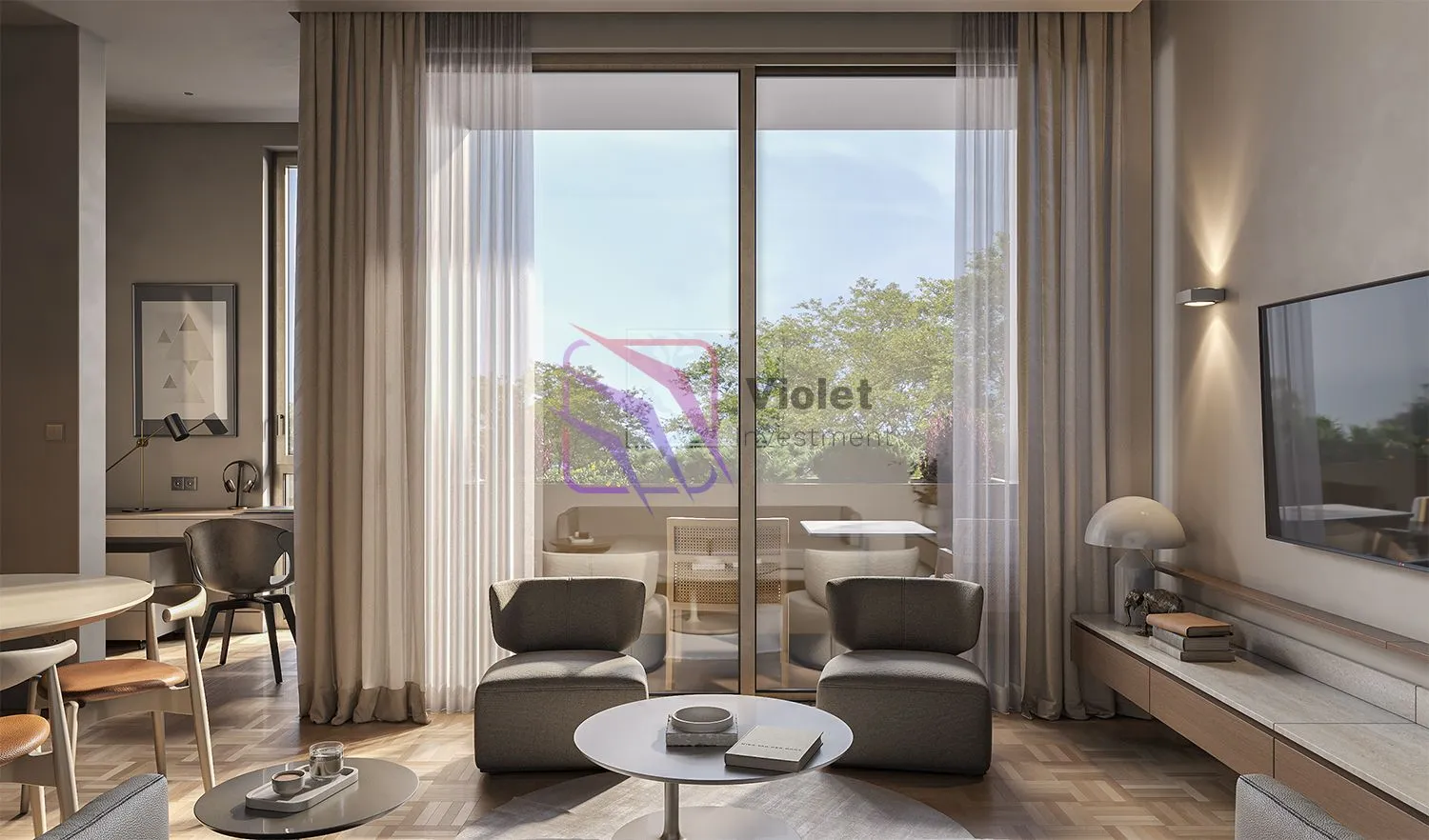 Modern living room with seating area, TV and access to the terrace.