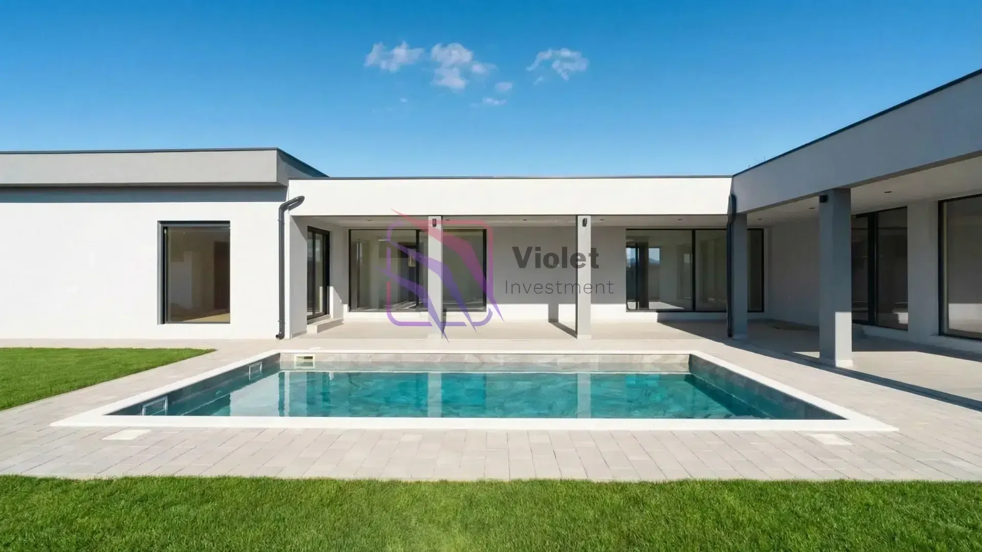 Exterior of a modern house with a swimming pool and lawn.