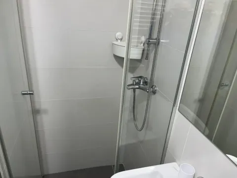Pogled na tuš kabinu sa staklenim paravanom i hromiranim slavinama u kupatilu. - image 10