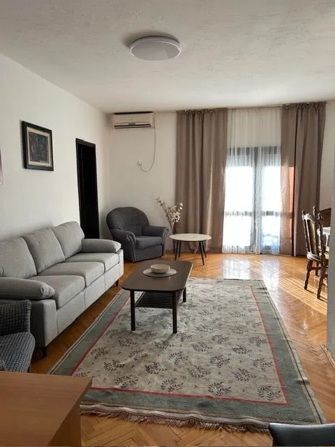 Spacious living room with sofa, rug and dining table.