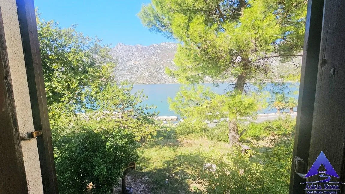 Pogled na more i planine kroz prozor sa zelenilom u dvorištu.