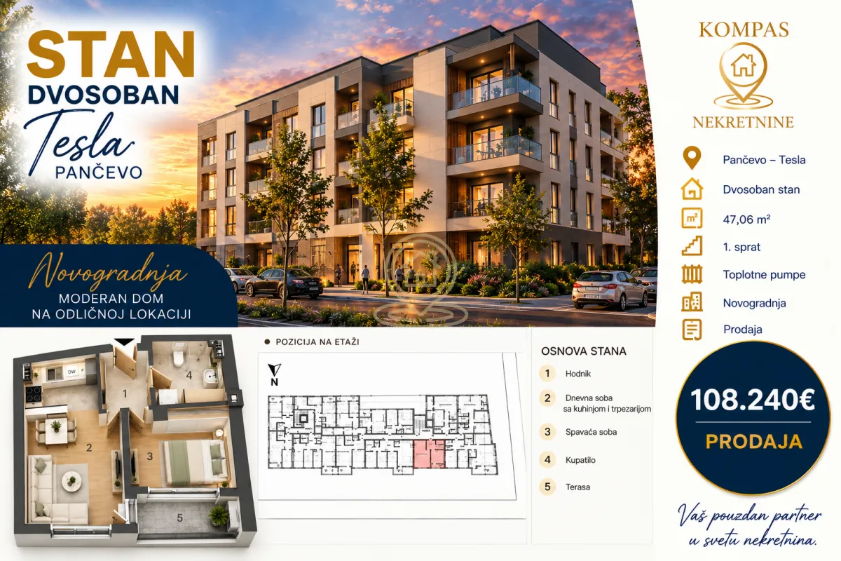 Prodaja, dvosoban stan, 47m², Tesla, Pančevo