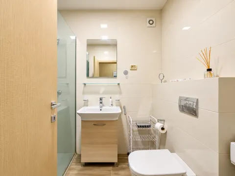 Modern bathroom equipped with a sink, mirror, and shower cabin. - image 7