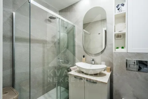 Modern bathroom with a walk-in shower, washbasin, and mirror. - image 4