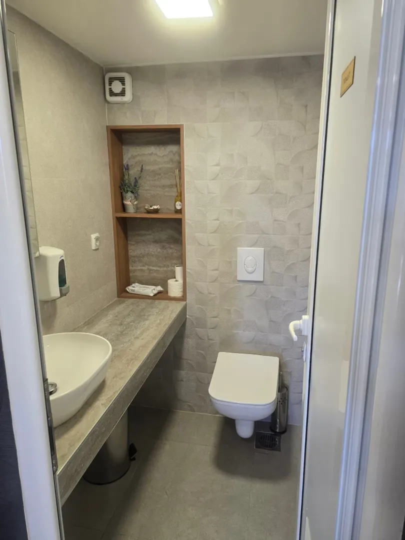 Modern bathroom with a sink, wall-mounted toilet, and recessed wall niches.