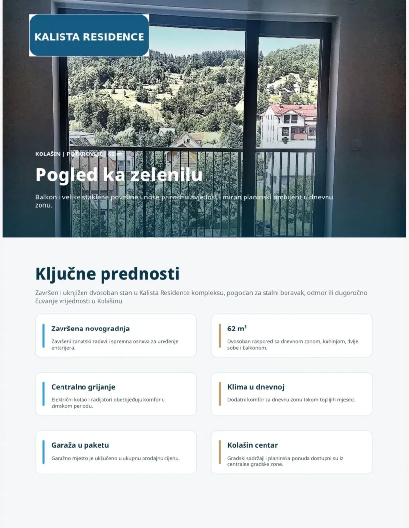 Pogled sa balkona na zelene površine i okolne objekte.