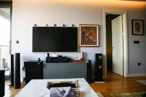 Dnevna soba sa televizorom, zvučnicima i stočićem. - image 13