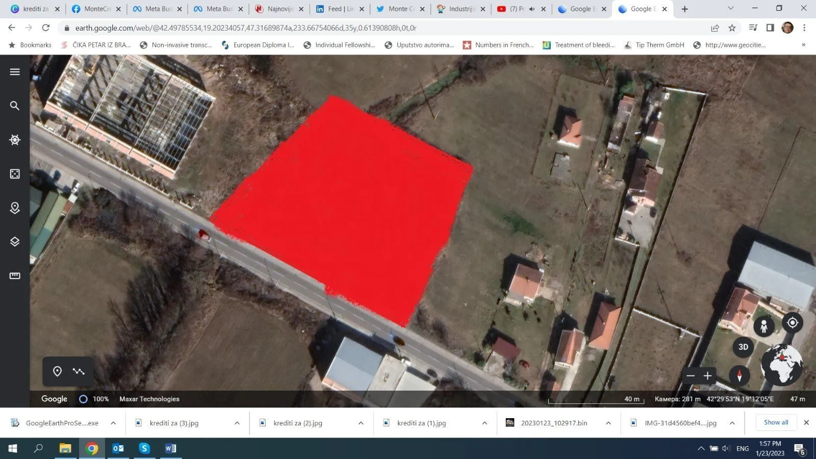 Satelitski snimak placa označenog crvenom bojom.