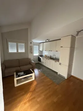 Dnevni boravak sa kuhinjom u svijetlim tonovima i drvenim podom. - image 6