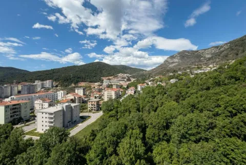 View of the urban settlement and surrounding mountains with greenery in the foreground. - image 8