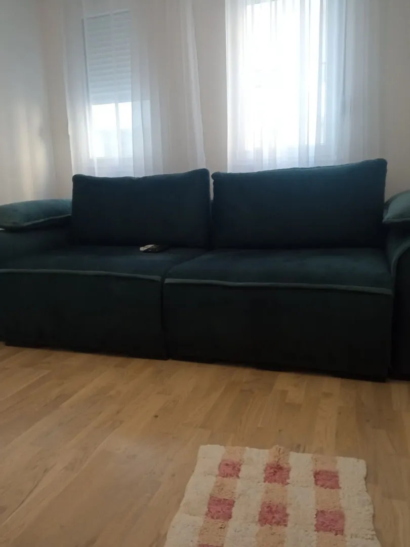Dnevna soba sa tamnozelenom garniturom i prozorima.