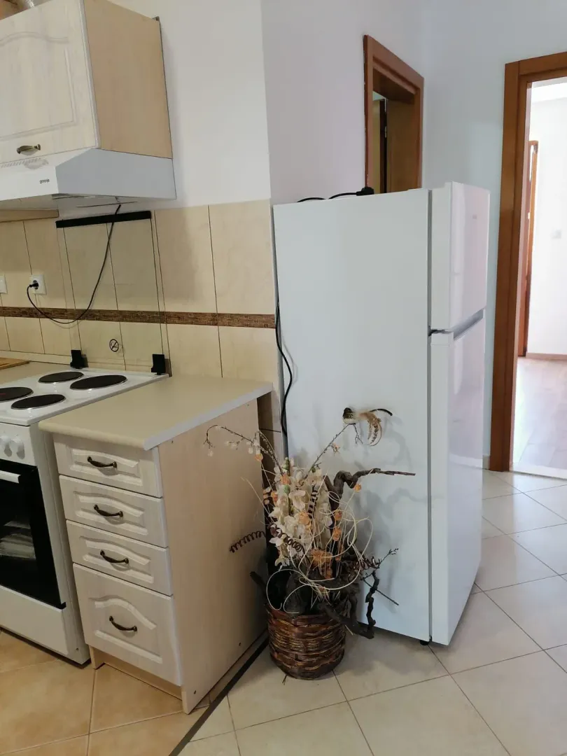 Dio kuhinje sa šporetom, frižiderom i ukrasnim korpom.