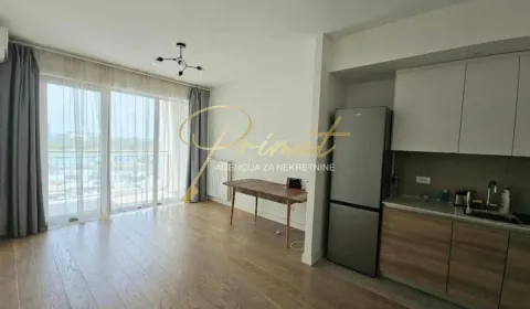 Living room with kitchen and large balcony doors. - image 2
