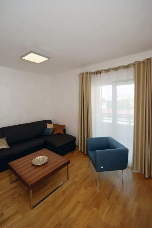 Bright living room with a dark sectional sofa and blue armchair.
