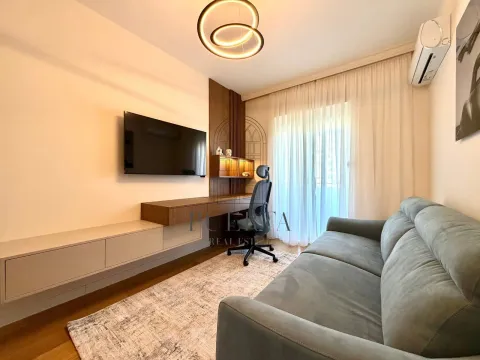 Dnevni boravak sa kaučem, radnim stolom, televizorom i modernom rasvjetom. - image 19