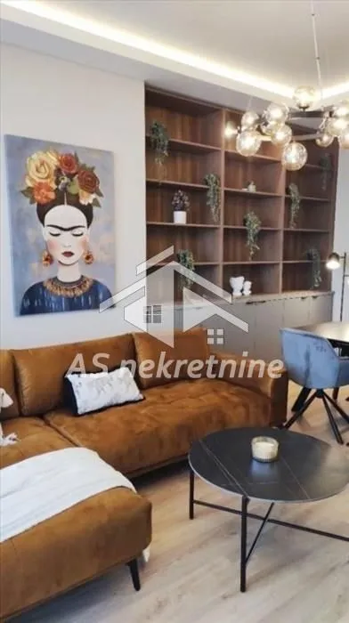 Living room with sofa, coffee table, and bookcase.