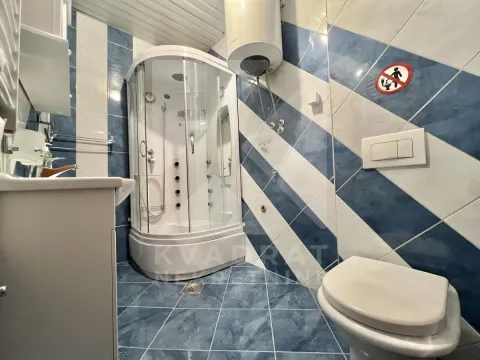Bathroom equipped with a shower cabin, washbasin, and toilet. - image 3