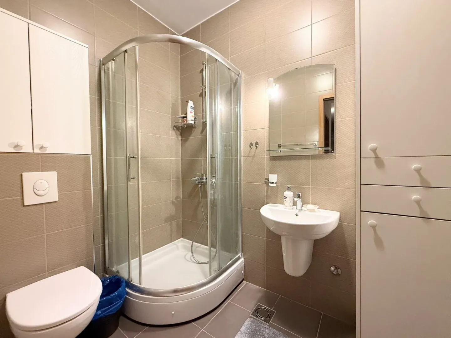 Small bathroom with a shower cabin, washbasin, and toilet.